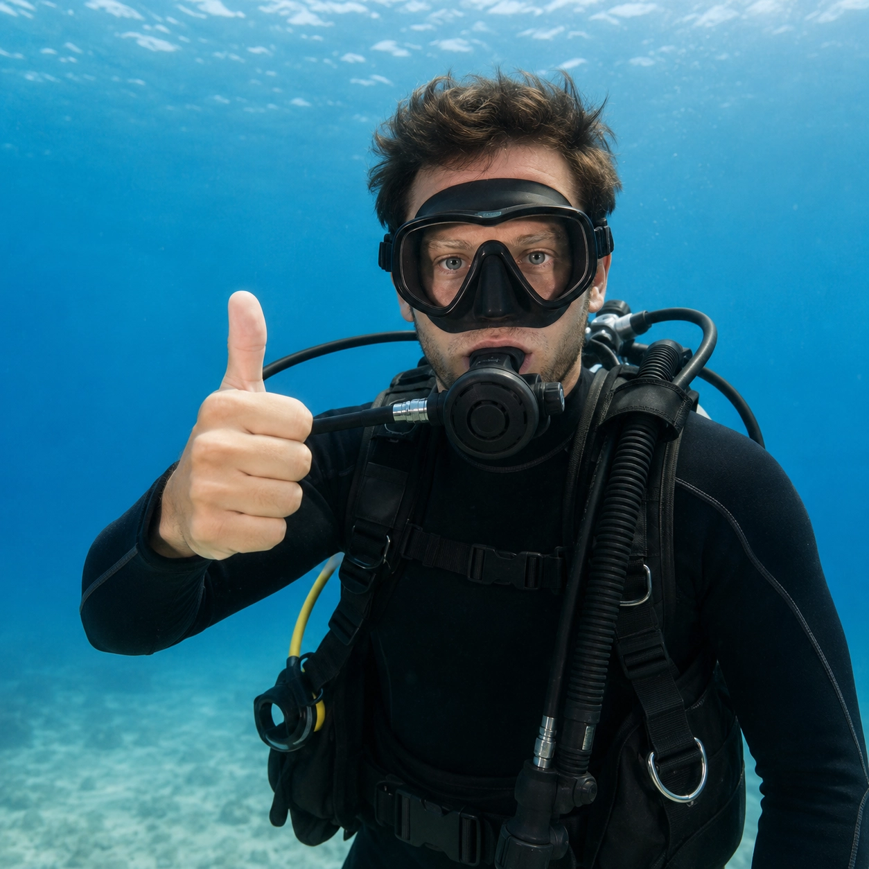 Scuba diver demonstrating the ascend or go up hand signal underwater