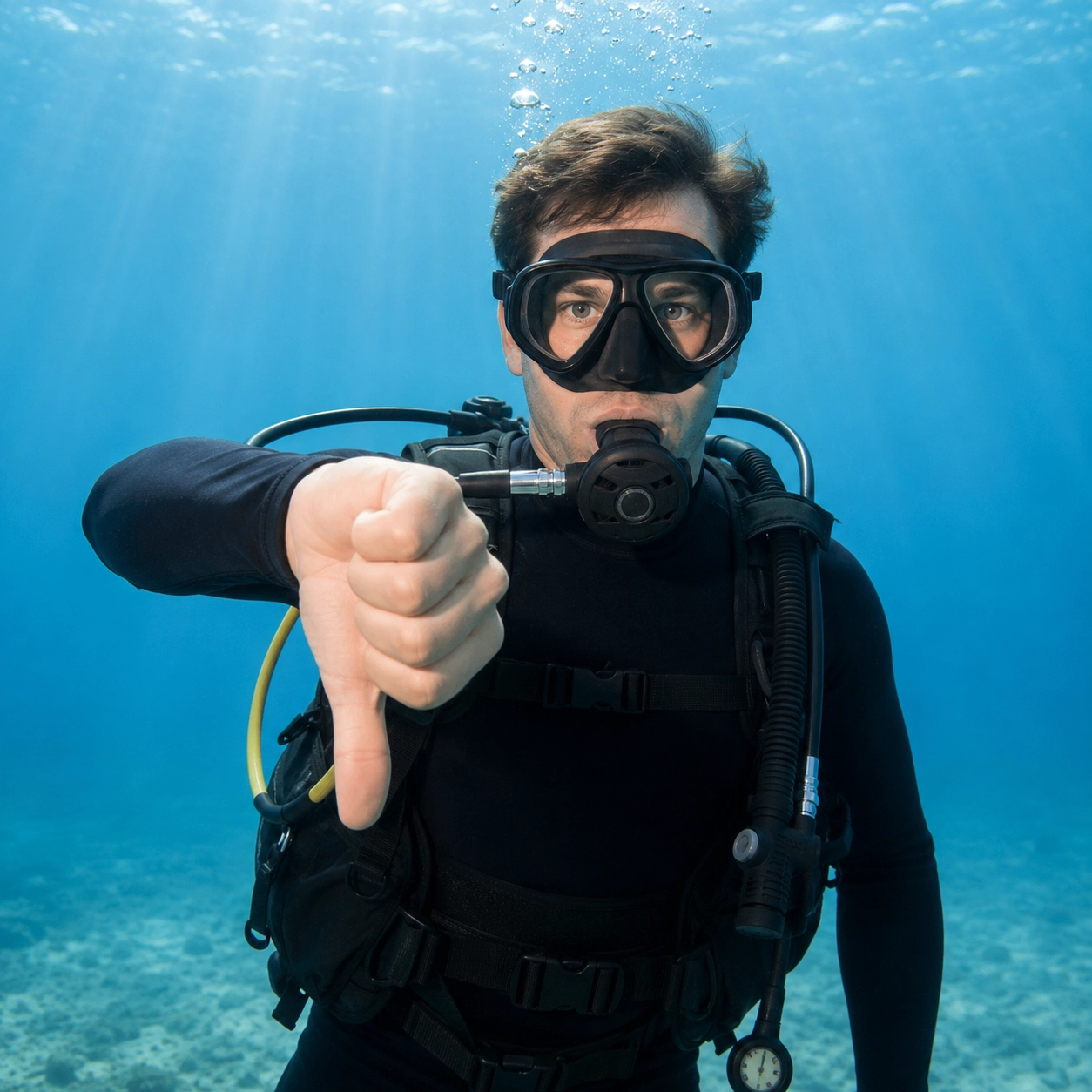 Scuba diver demonstrating the descend or go down hand signal underwater