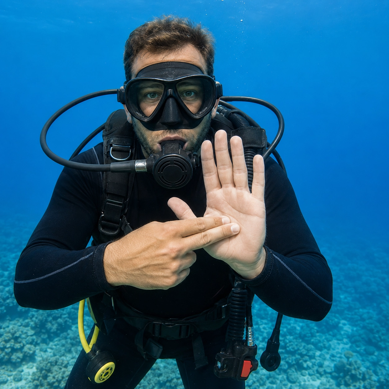 Scuba diver demonstrating the how much air hand signal underwater
