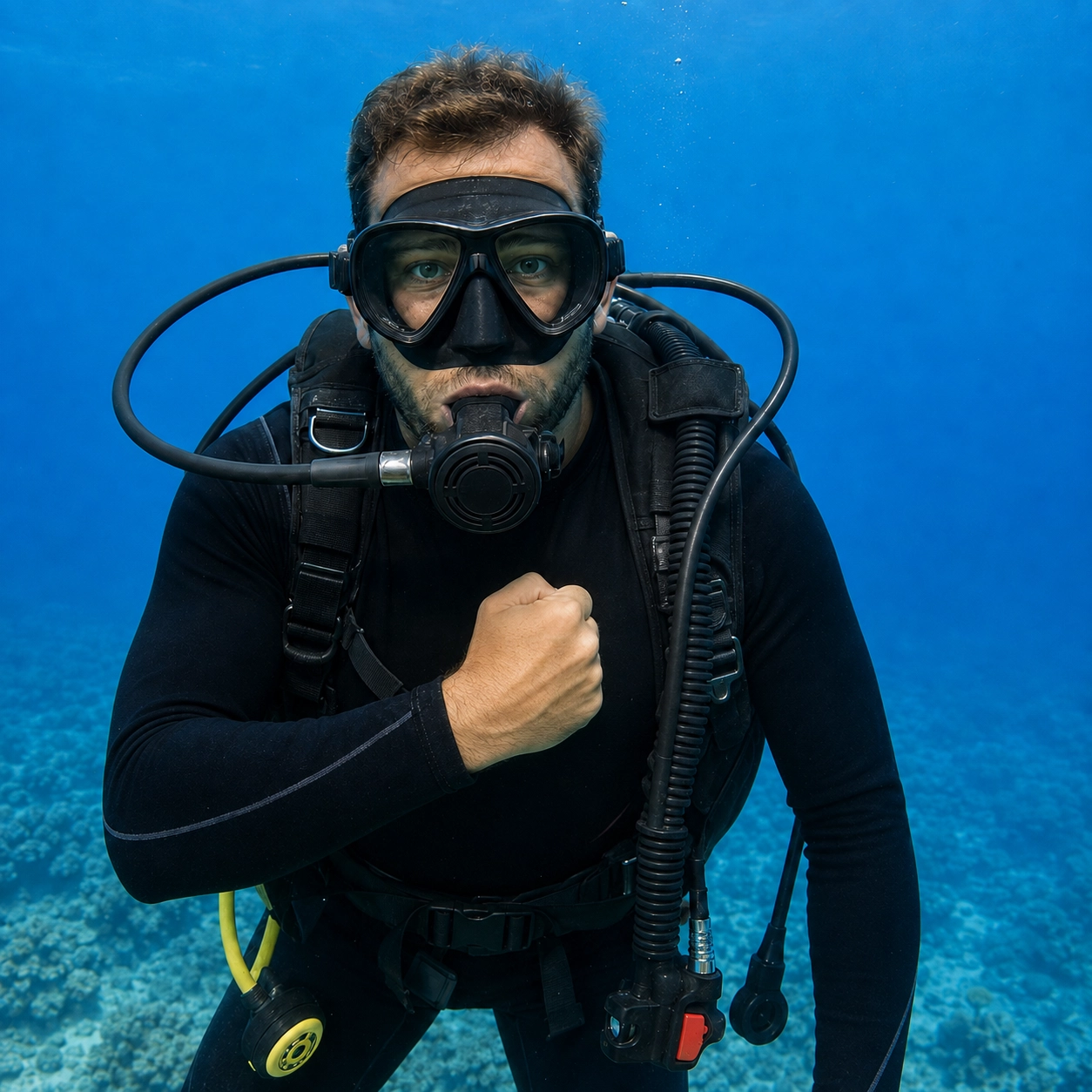 Scuba diver demonstrating the low on air hand signal underwater