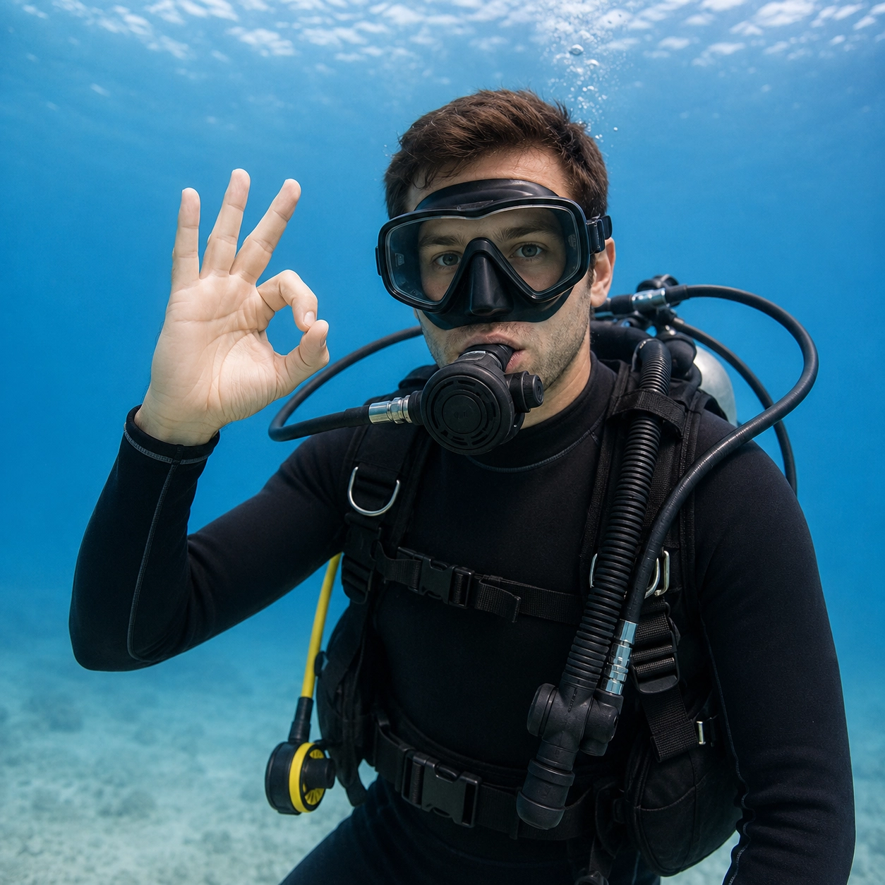 Scuba diver demonstrating the OK hand signal underwater