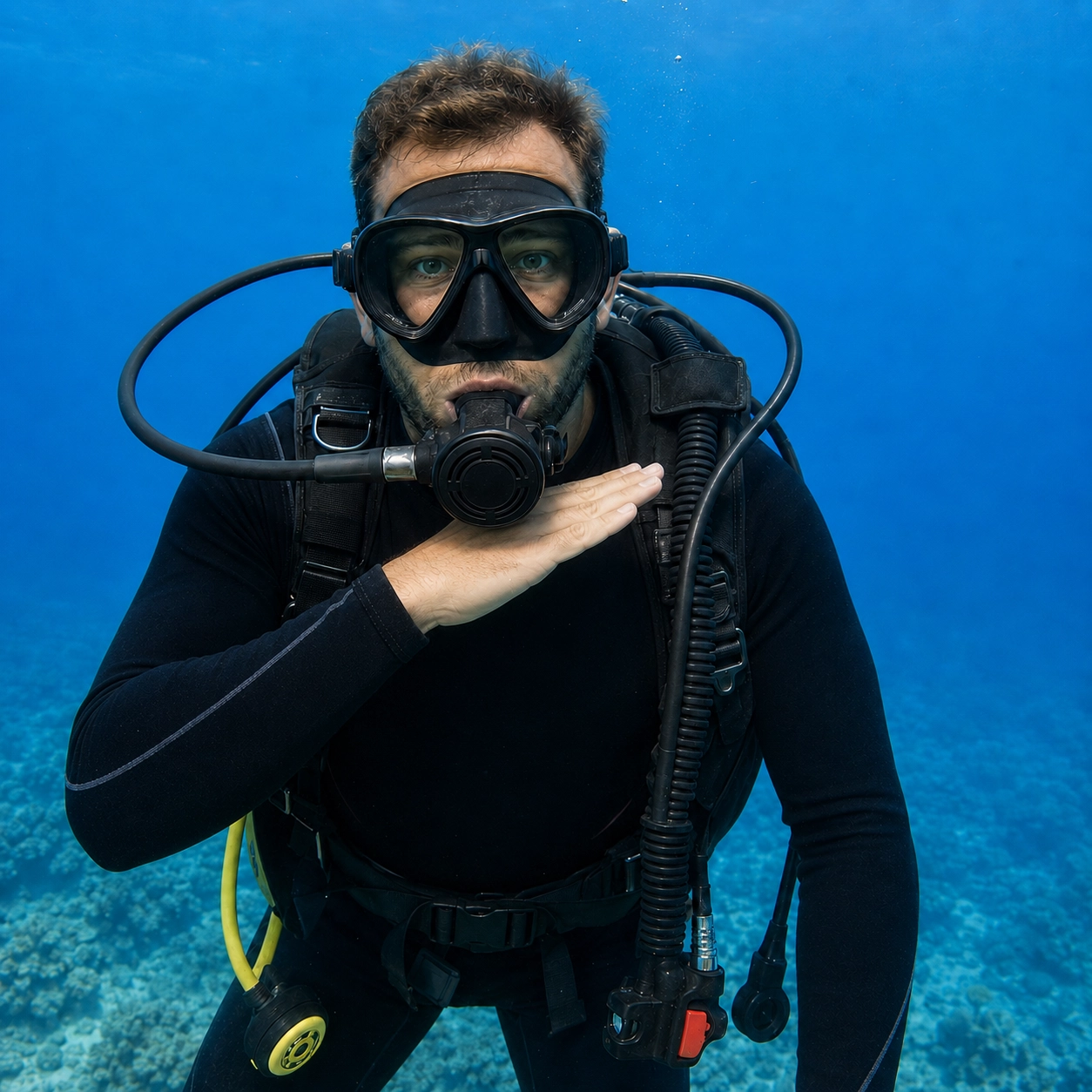 Scuba diver demonstrating the out of air emergency hand signal underwater