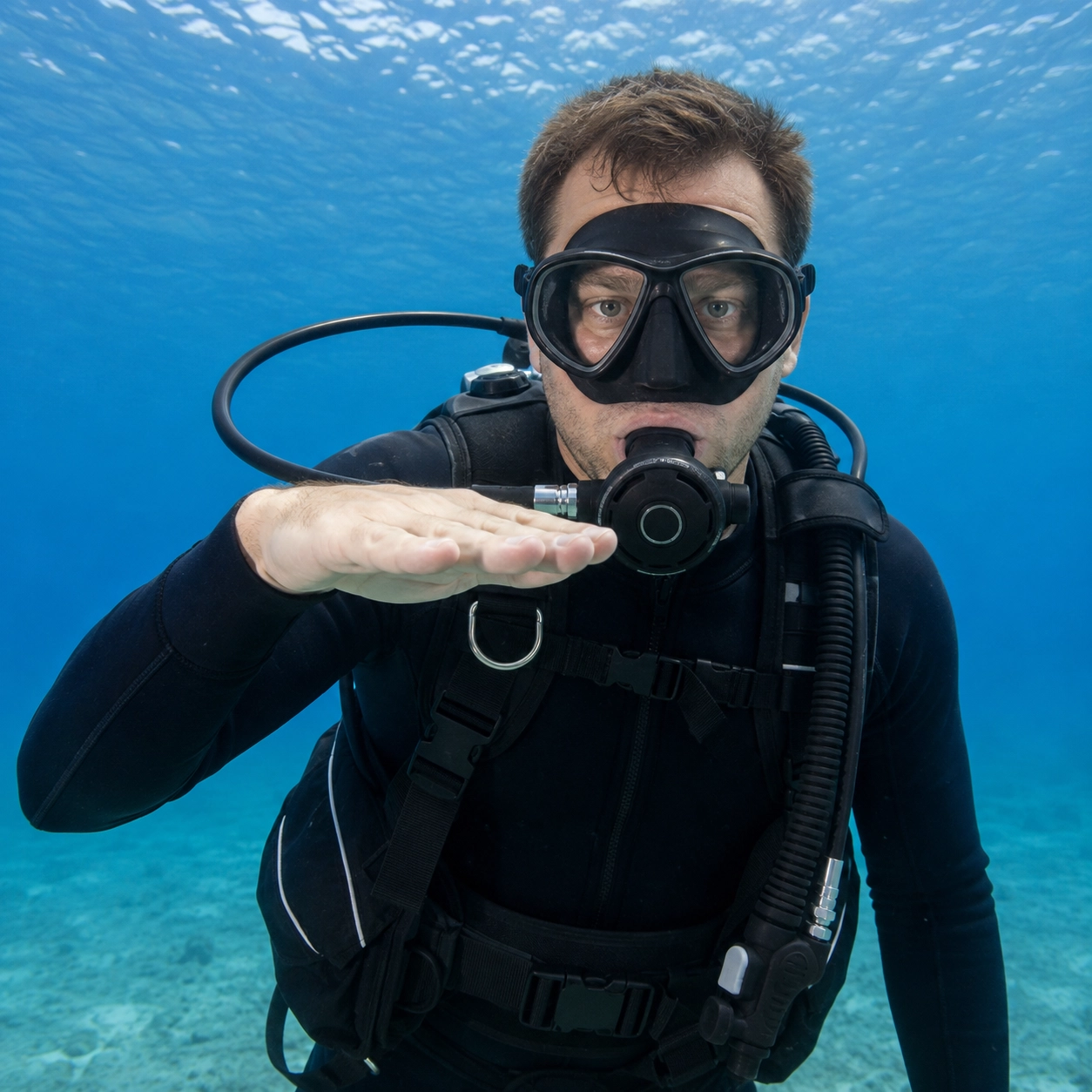 Scuba diver demonstrating the problem or something is wrong hand signal underwater