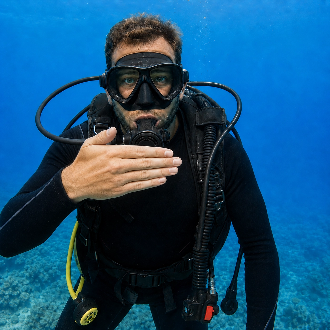 Scuba diver demonstrating the share air hand signal underwater