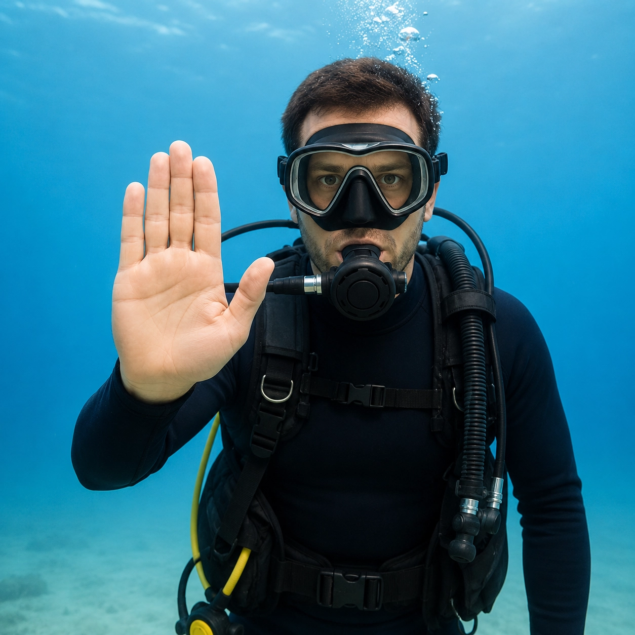 Scuba diver demonstrating the stop hand signal underwater
